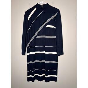 1970s Marco Polo Imports Navy Blue White Nautical Stripe Mock Neck Midi Dress M